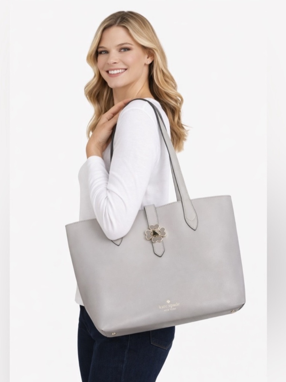 kate spade Grey Leather Structured Tote with Silver Accent